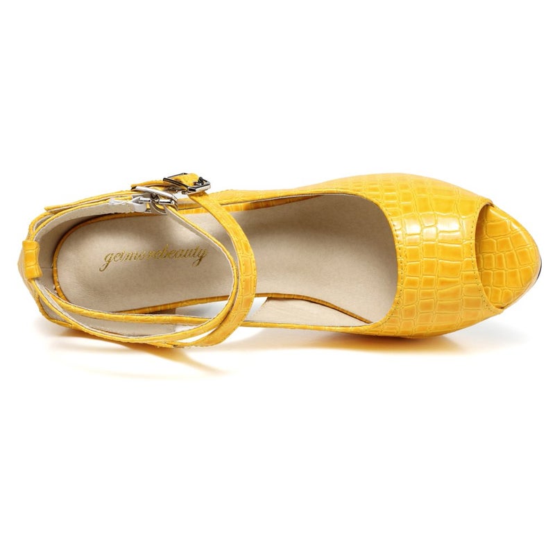 getmorebeauty Women's Yellow Patent Snake Stripe Ankle Straps Dress Heeled Sandals (US 9, Yellow) - Image 4